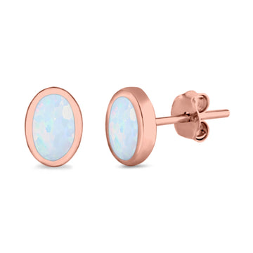 Solitaire Oval Stud Earrings Rose Tone, Lab Created White Opal 925 Sterling Silver